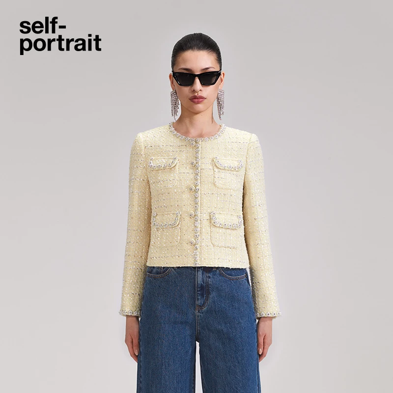 self-portrait 秋冬时尚流光风奶油黄气质优雅长袖短款上衣外套