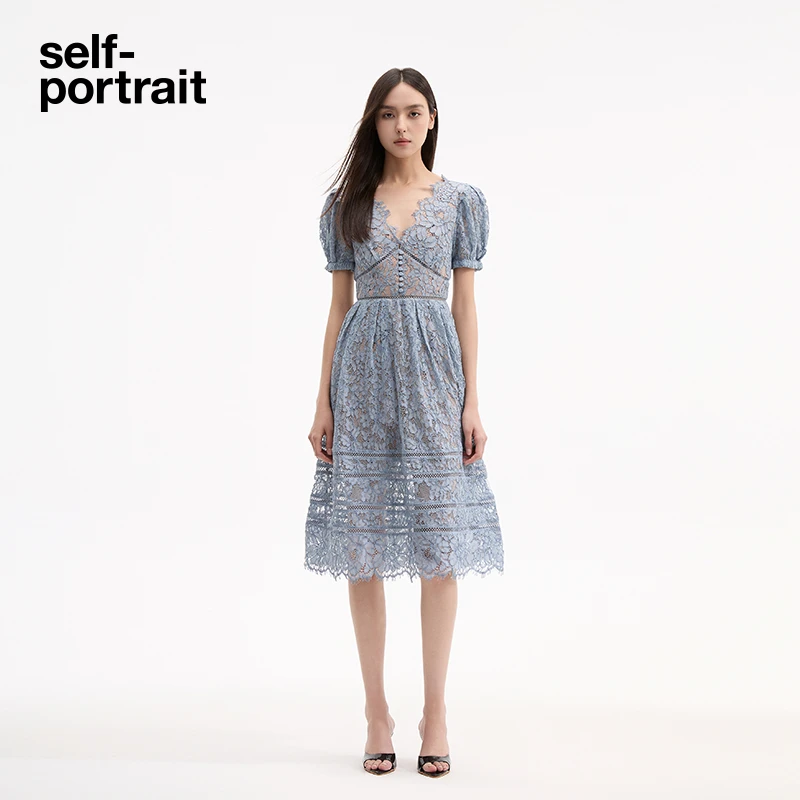 self-portrait 手工定制蓝色蕾丝收腰显瘦礼服气质优雅长连衣裙