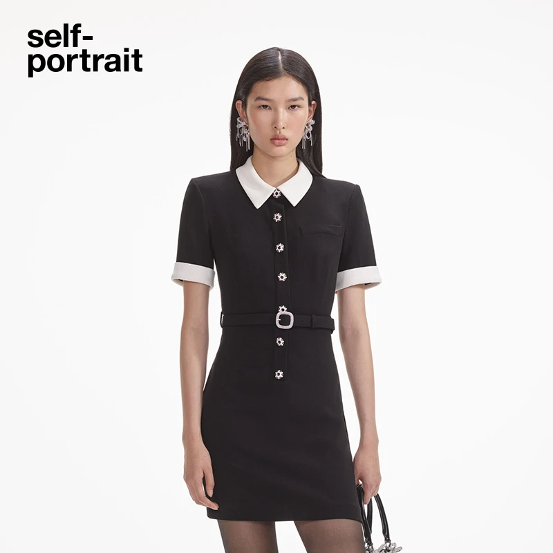 【下架】self-portrait 黑撞白千金风通勤短袖修身连衣裙短裙