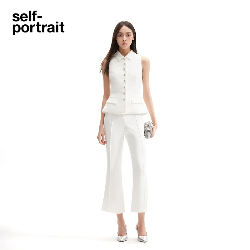 【奥莱】self-portrait 通勤气质收腰翻领背心显瘦连体裤白色长裤