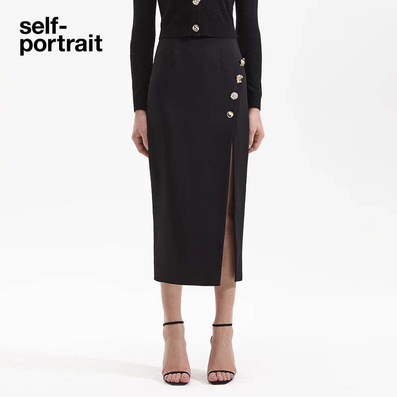 【奥莱】self-portrait 经典黑平纹针织开衩纽扣半身裙高级感黑色