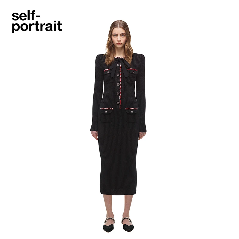 【奥莱】self-portrait 经典黑圆领长袖金银丝针织连衣裙长裙