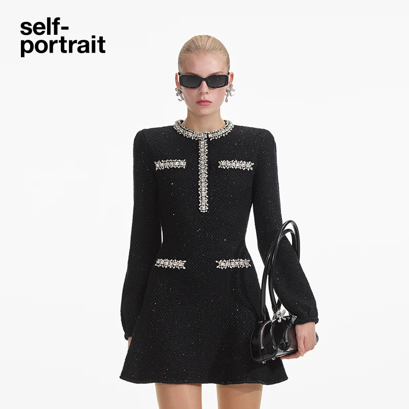 【欧若风】self-portrait 2025经典黑小香风钻饰圆领针织连衣裙