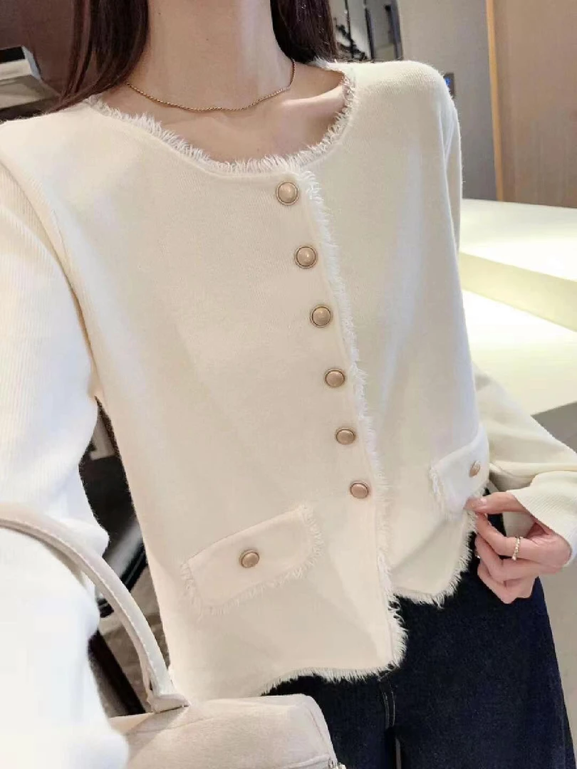 小香风毛边单排扣针织开衫女秋冬