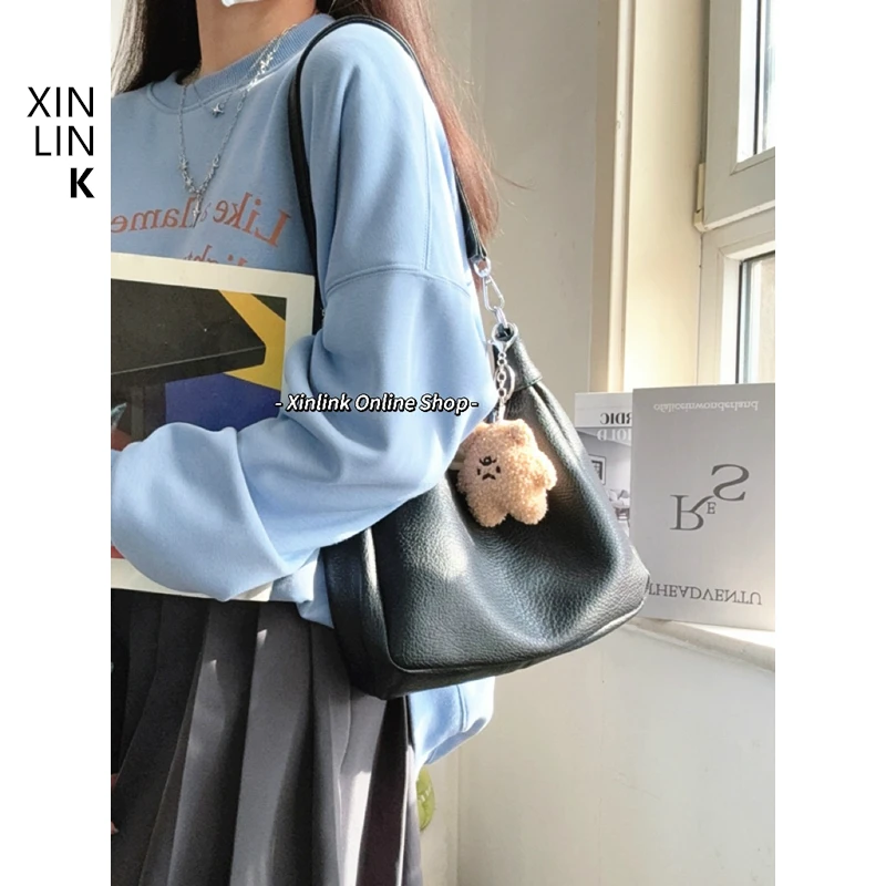 xinLink百搭单肩包包女2024秋冬新款小众简约斜挎包大容量水桶包