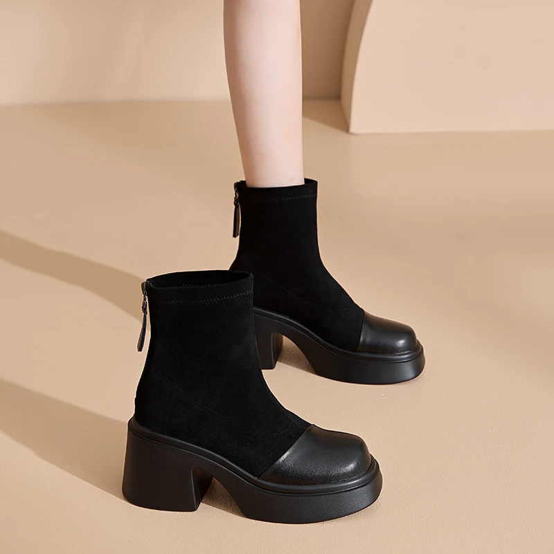 粗跟厚底马丁靴女2024新款秋冬小个子弹力瘦瘦靴百搭增高短筒袜靴