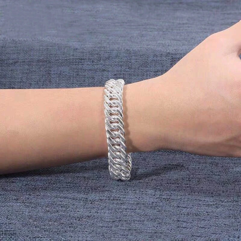 铜镀真金皮质手链 朋克霸气镀纯银男士马鞭手链简约饰扁宽喜平链