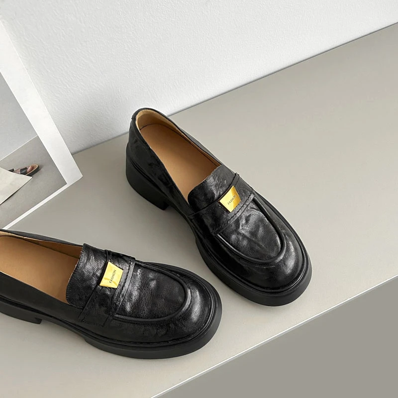 少量现货】ED836X/5cm羊皮厚底乐福鞋女春秋百搭真皮中跟单鞋