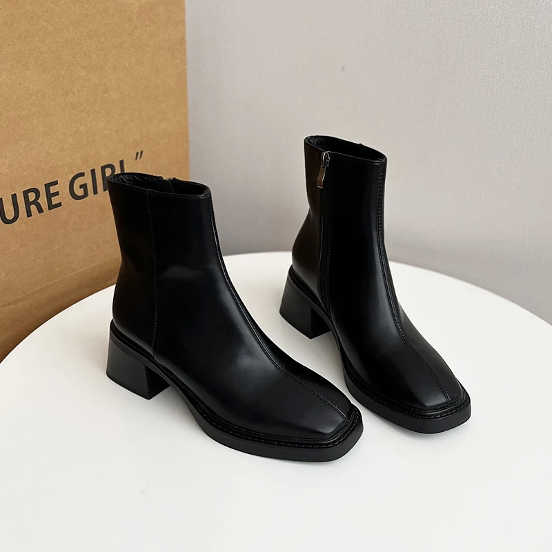 【现货】ED520/5cm/牛皮方头秋冬时装靴百搭气质短靴英伦风通勤女靴