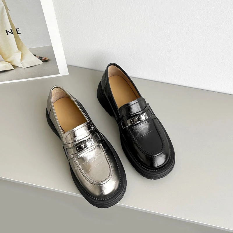 ED803/3.5cm羊皮厚底乐福鞋女圆头春秋百搭黑色真皮平跟四季鞋