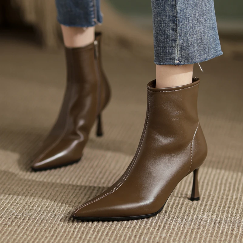 【现货，断码福利】A169/羊皮尖头细跟高跟秋冬百搭及踝短靴真皮