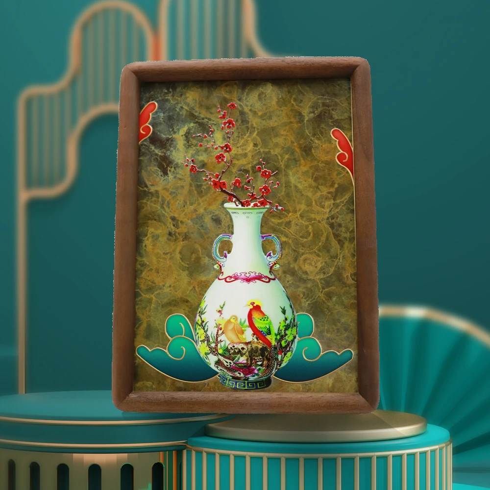 铜彩烧中式铜板画浮雕画《粉彩折枝花卉文双螭耳瓶》会客室高档画