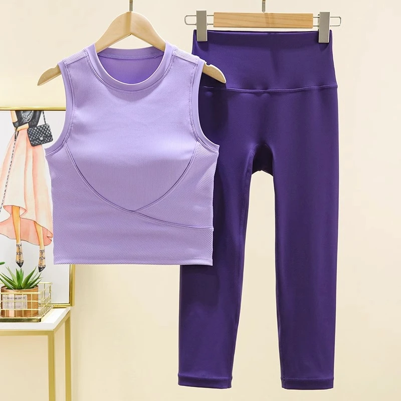 夏季新款专业高端带胸垫瑜伽服套装女速干透气健身七分裤运动套装