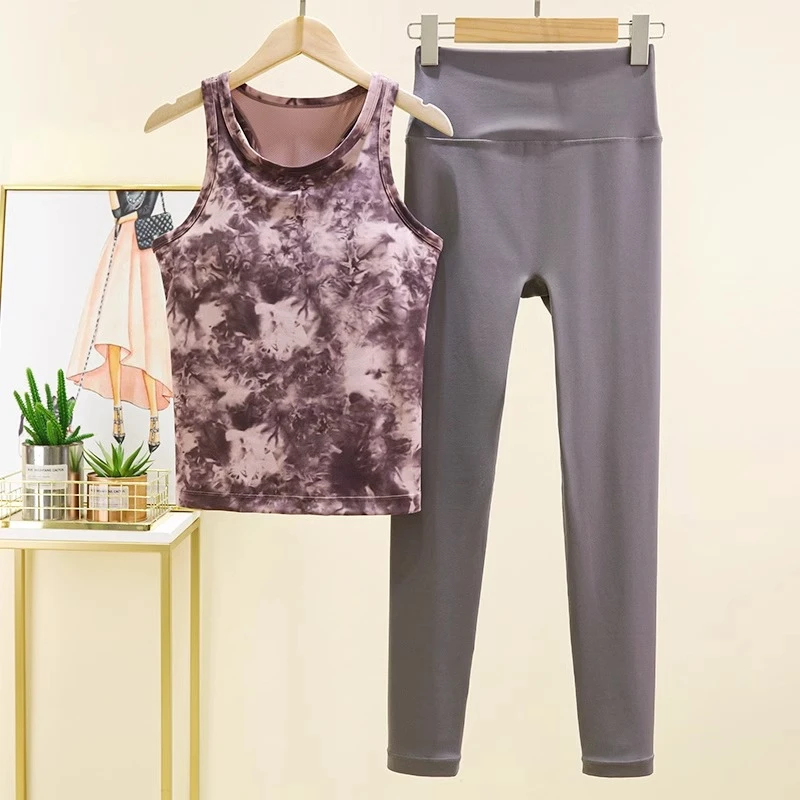 专业瑜伽服套装女夏季带胸垫长款背心式健身房运动跑步健身服套装