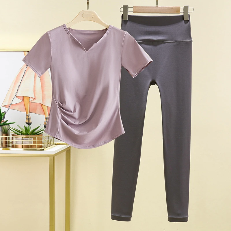 带胸垫瑜伽服套装女健身房短袖V领紧身运动跑步速干衣两件套