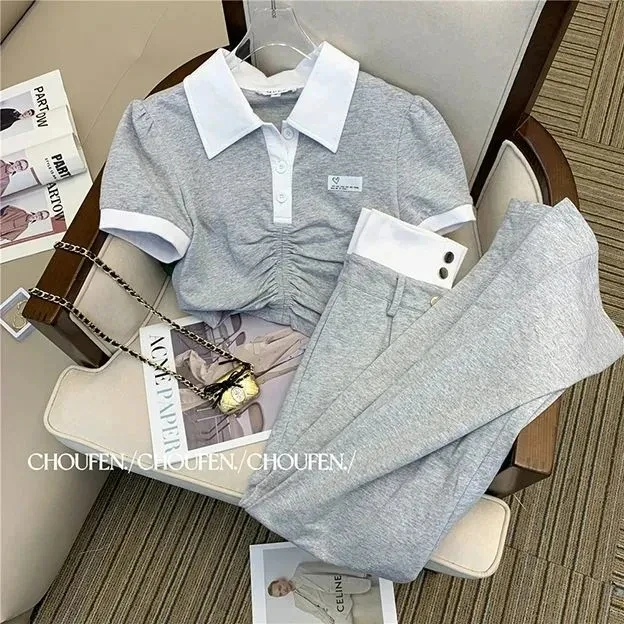 单件/套装休闲时尚套装2023新款女夏小个子运动时髦阔腿裤两件套