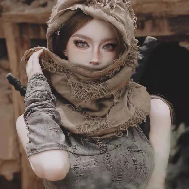 沙丘废土风四方酷帅雅痞乞丐风中性做旧棉麻围巾超轻薄y2k配饰