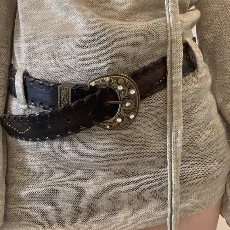 辣妹美式复古做旧穿线铆钉腰带小众设计美拉德咖啡色皮带配饰带潮