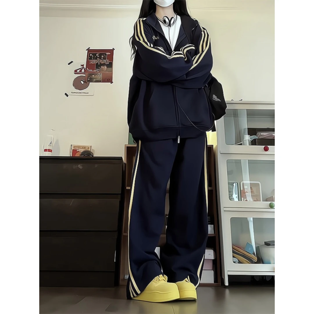 秋冬宽松时尚休闲运动套装女潮牌美式复古撞色条纹卫衣卫裤两件套