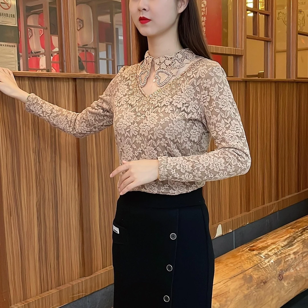 气质显白洋气娃娃领修身百搭打底衫镂空时尚加绒长袖显瘦百搭保暖