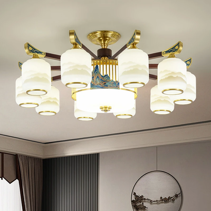 新中式山水禅意客厅吸顶灯全铜加木大气中国风木艺灯具别墅装饰灯