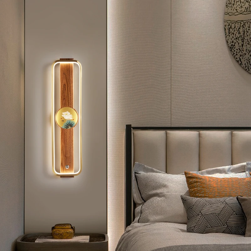 新中式壁灯过道灯客厅背景墙灯全铜胡桃木卧室床头灯创意设计灯