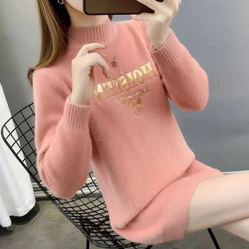 秋冬23新款水貂毛衣女中长款半高领宽松外穿加厚打底衫内搭毛衣裙