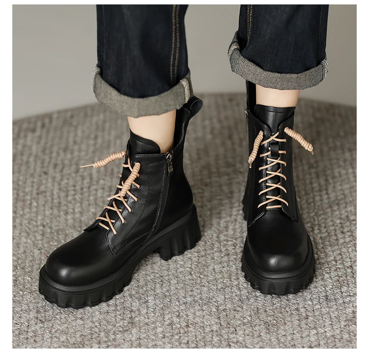 女款真皮马丁靴英伦风2023新款靴子厚底黑色百搭冬季加绒时尚短靴