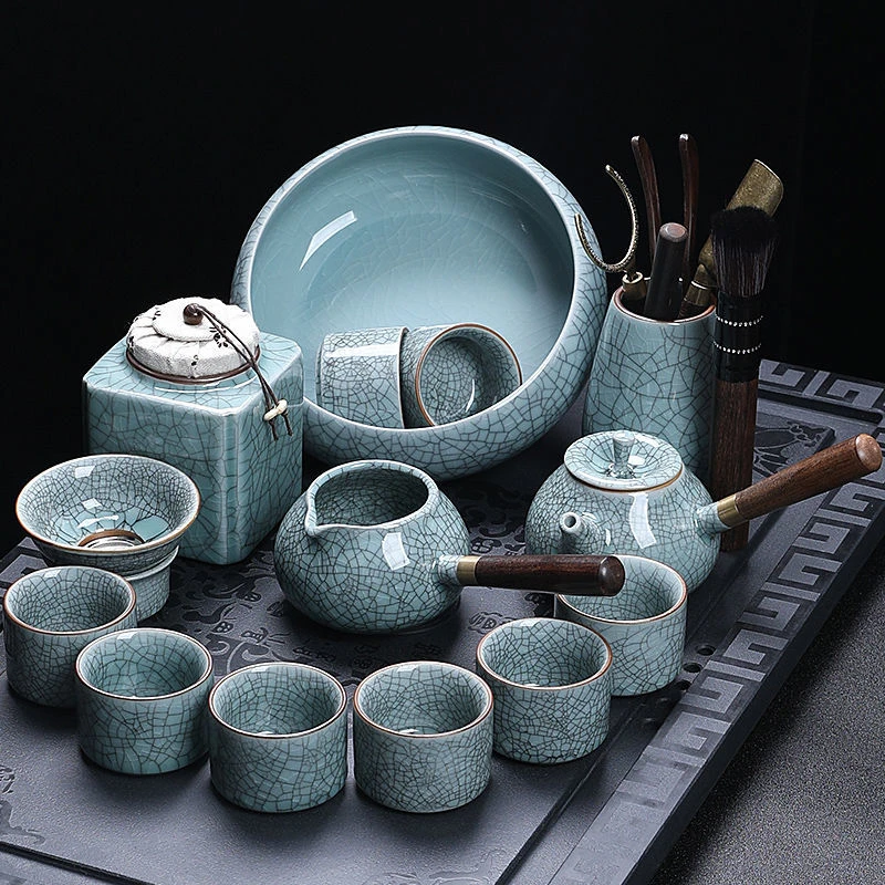 蝉明哥窑茶具送礼套装家用功夫茶盖碗泡茶器侧把茶壶陶瓷茶罐