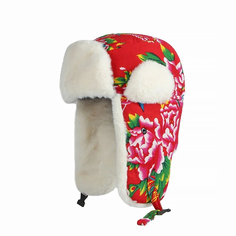 喜庆红色帽子女民族风东北复古大花布雷锋帽冬季防风防寒保暖棉帽