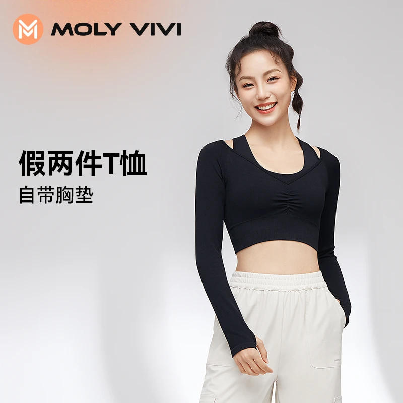 MOLYVIVI假两件运动T带胸垫显瘦美背有弹力简约春秋紧身长袖跑步