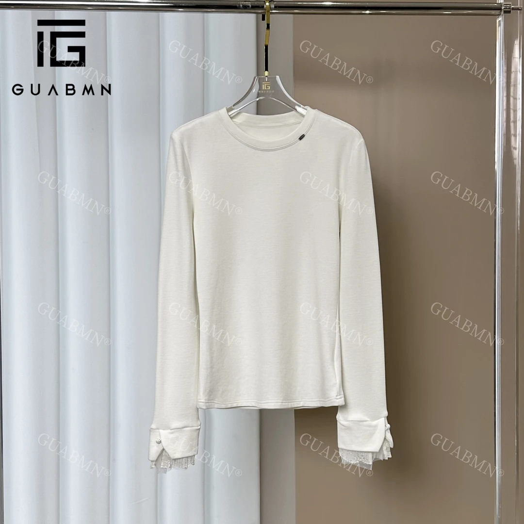 GUABMN2024年秋冬新款加绒设计师小众蕾丝长袖T恤打底3796