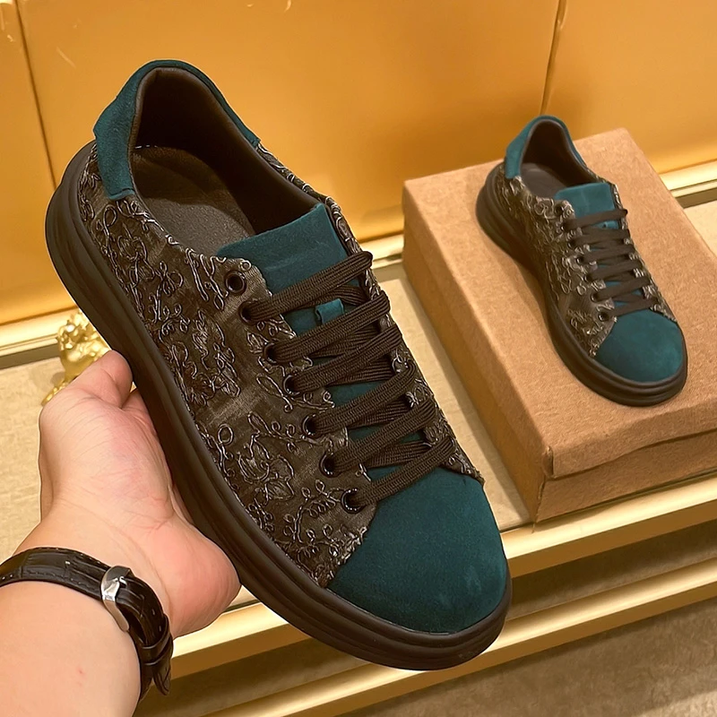 欧洲站复古真皮板鞋做旧柳丁时尚韩版潮流反绒牛皮轻奢墨绿色男鞋