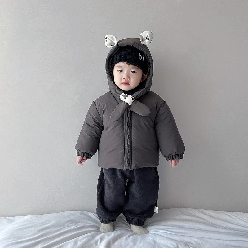 婴儿冬装加厚棉服宝宝洋气连帽围脖保暖外套秋冬季儿童百搭裤子潮