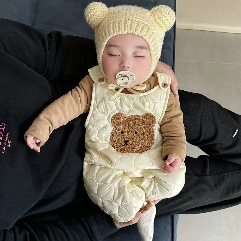 婴幼儿夹棉打底衣服加绒可爱小熊无袖连体衣男女宝宝背带裤爬爬服