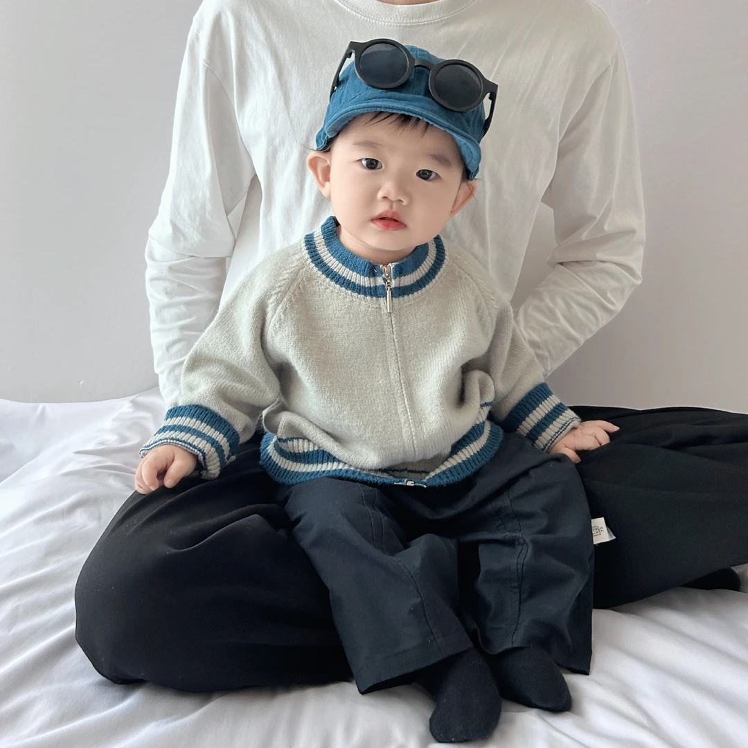 男女宝宝立领撞色毛衣2024秋季新款韩版气质开衫针织衫长袖上衣潮