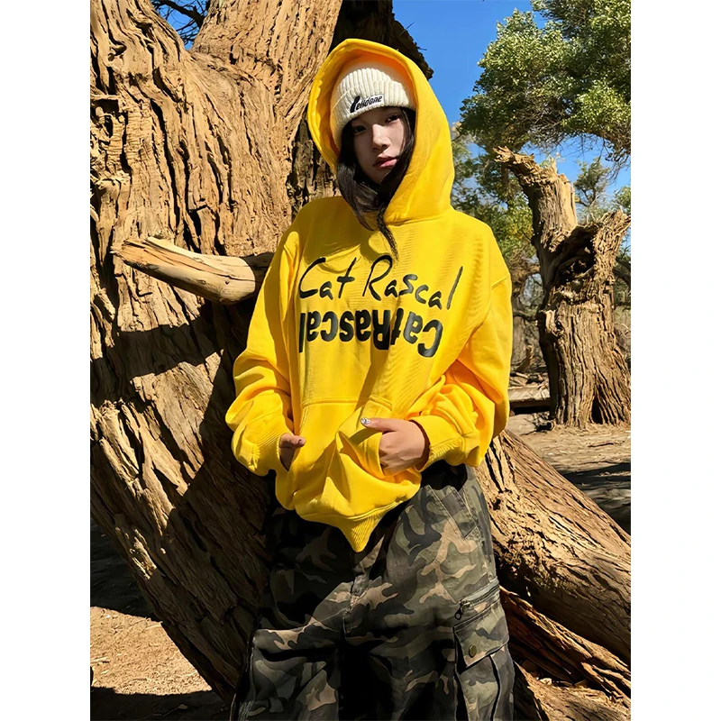 多巴胺黄色连帽卫衣女2024秋季字母印花帽衫oversize小个子外套潮