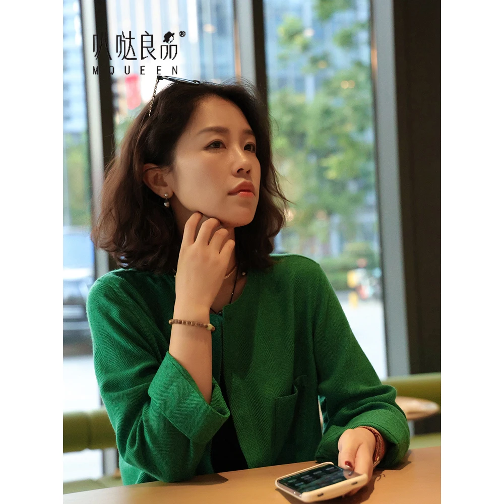 【叭哒不惑】丛林 羊毛斜纹肌理感圆领短款开衫外套女