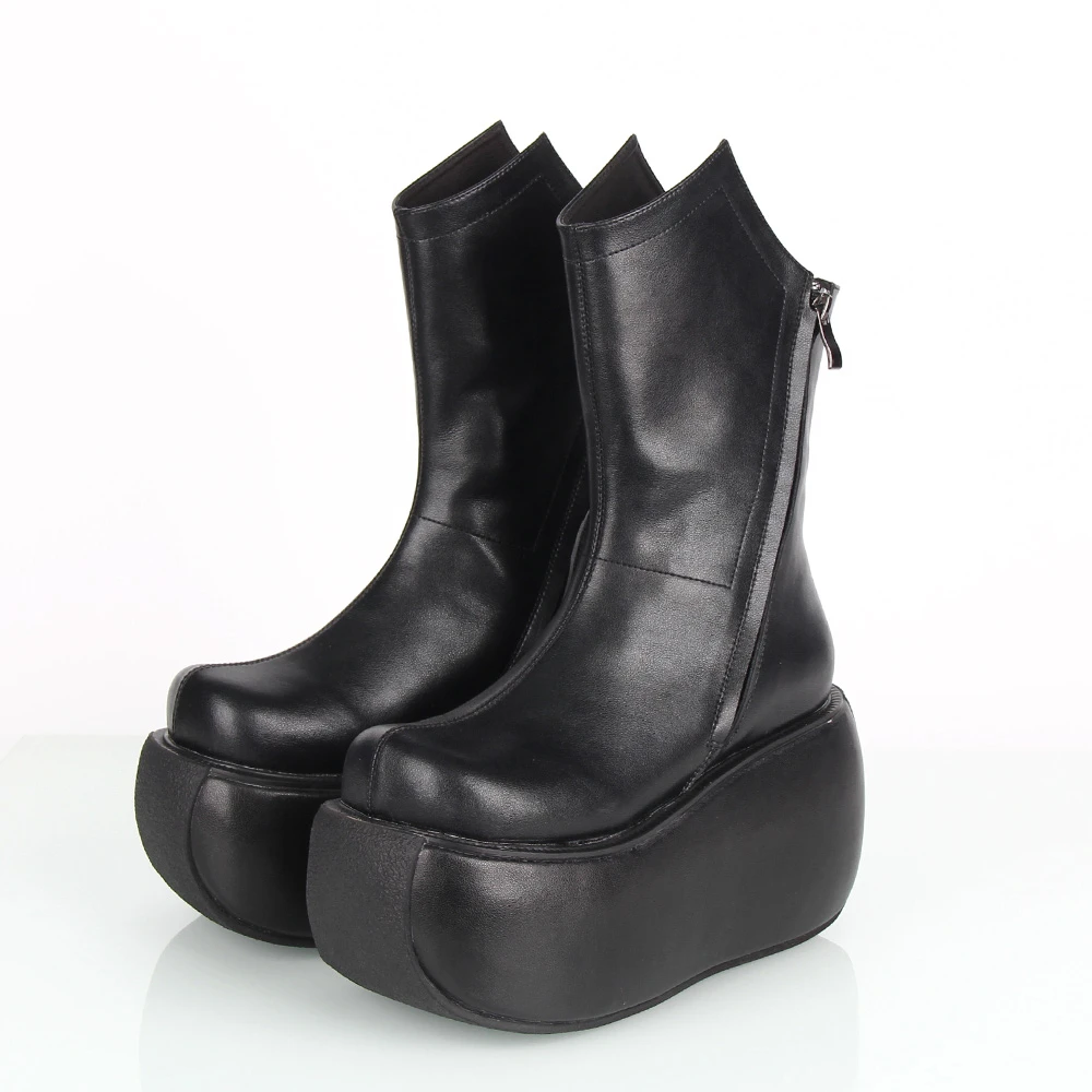 新款真皮 卷底10CM厚底松糕靴女靴双拉链中筒靴时装机车靴M122