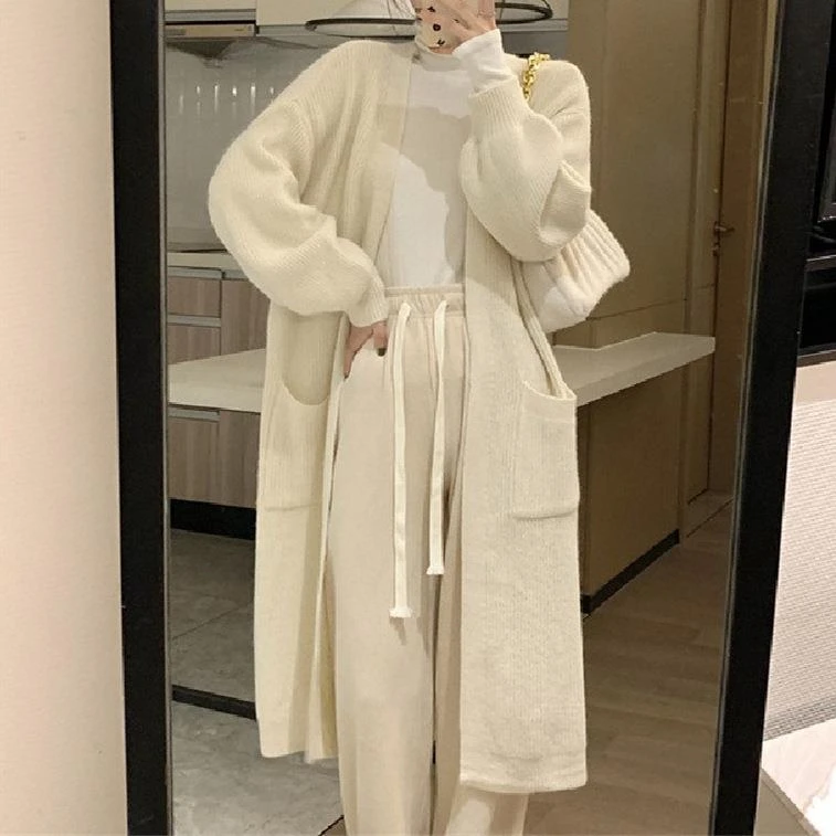 FAVMARTHA织长款无扣开衫2023秋季宽松百搭长袖字领纯色上衣外套