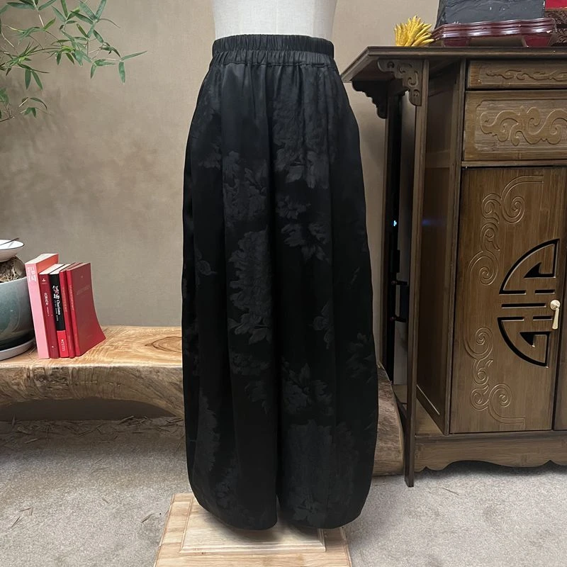 径西子【黑牡丹】小慧姐姐国风桑蚕丝香云纱时尚休闲阔腿修身长裤