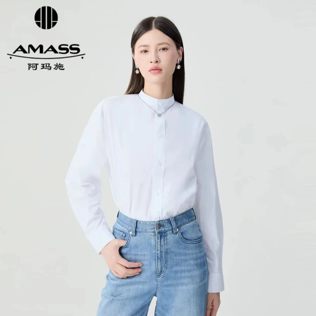 阿玛施AMASS新款时尚休闲简约气质纯色新中式立领大白衬衫5301011