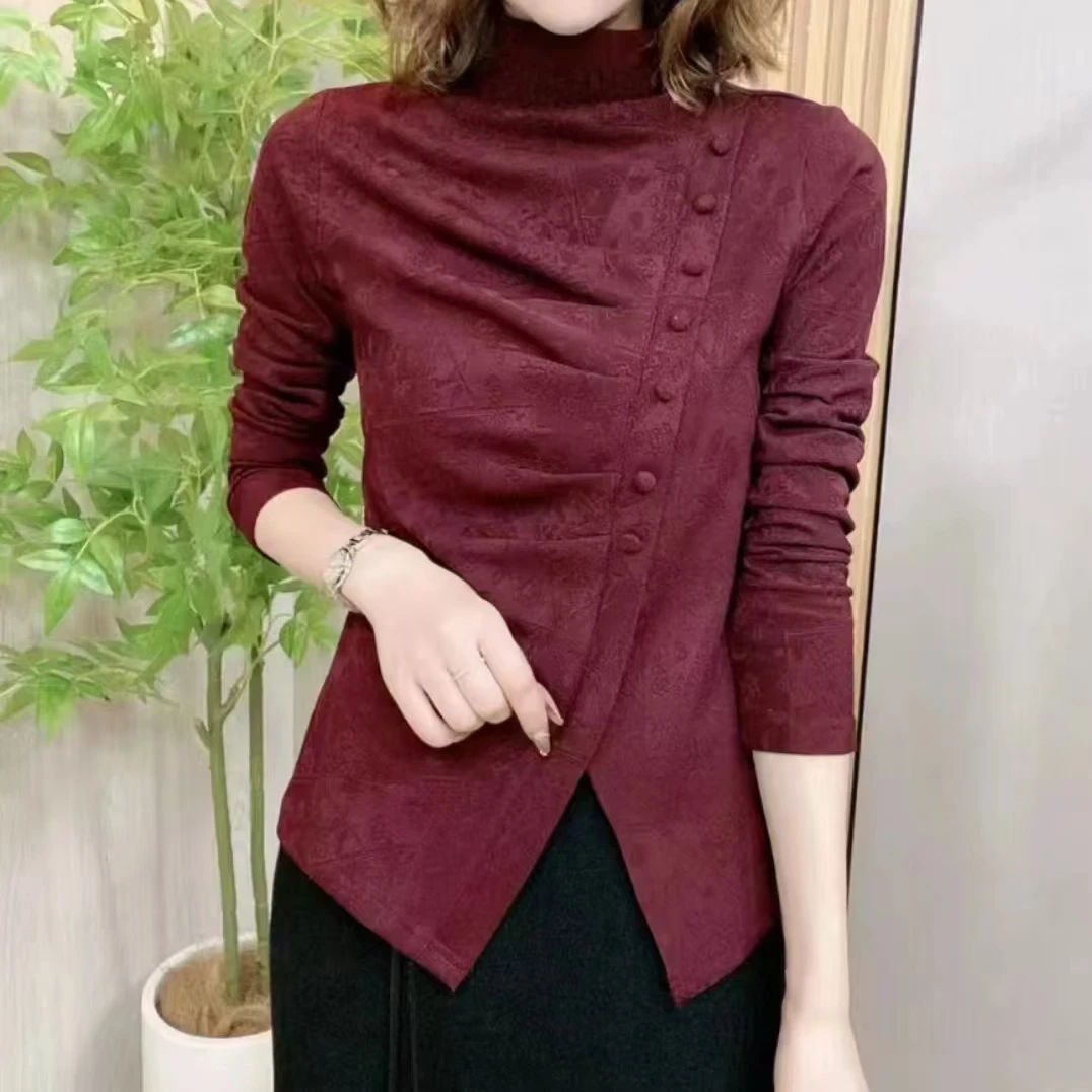 2024秋冬新款提花加绒下摆开叉钟灵洋气百搭显瘦长袖打底衫