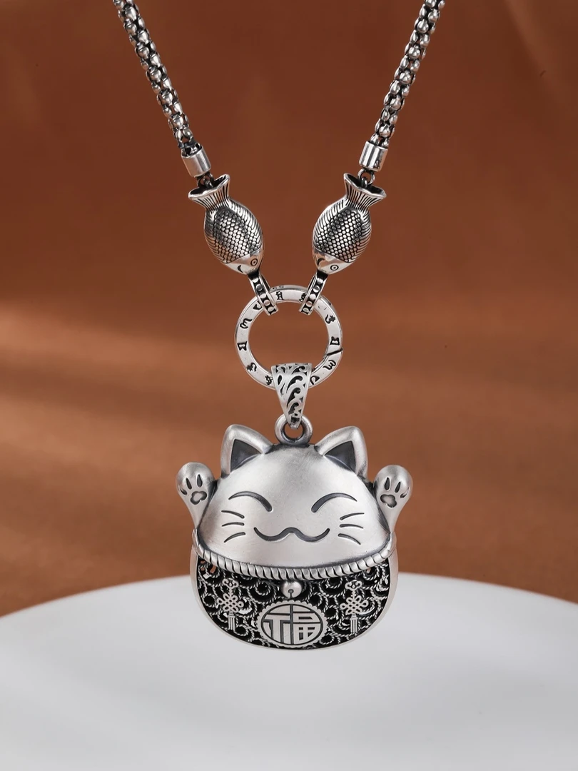 吊坠足银 复古足银吊坠S999招财猫花丝镂空工艺素款时尚