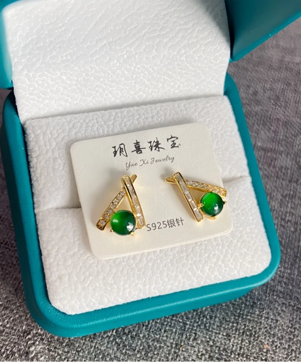 天然A货翡翠s925银镶嵌设计款耳钉