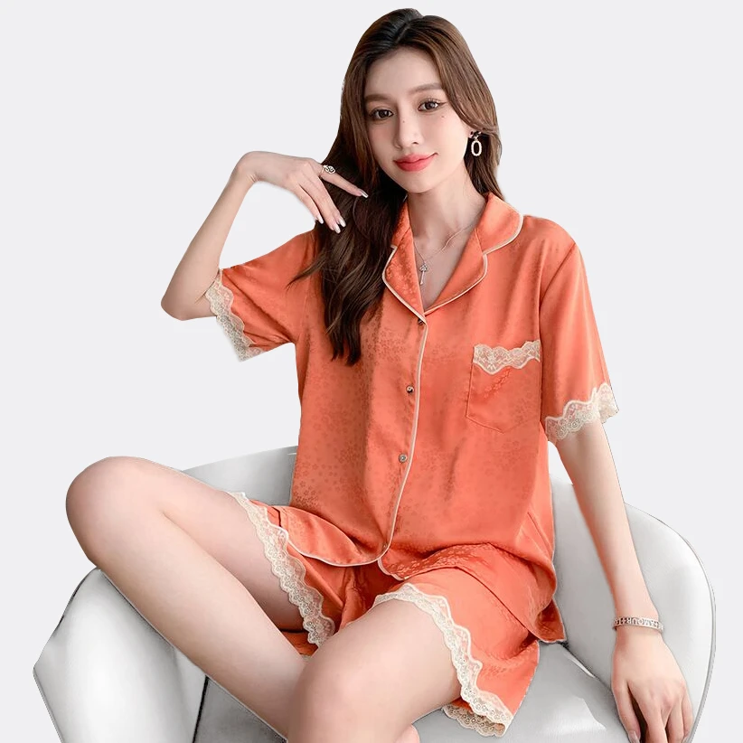 【浪莎/LANGSHA】三件套暗纹织花缎面蕾丝短袖家居服冰丝睡衣套装