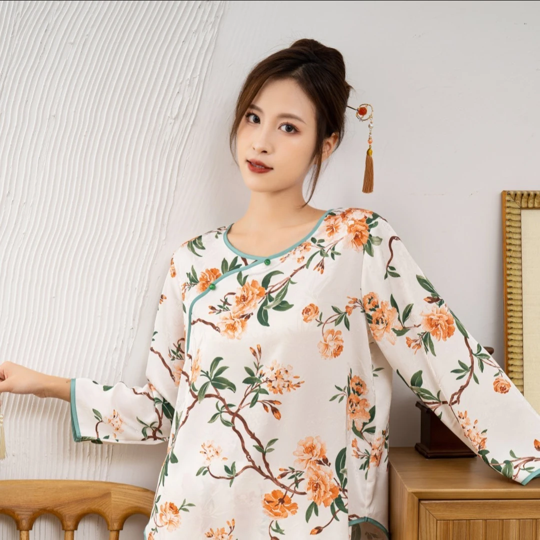 浪莎【繁花如梦】夏季国风款宽松冰丝睡衣高端薄款透气家居服套装