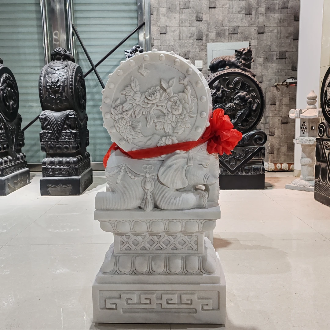 天然汉白玉整石雕刻石材抱鼓石象户外庭院摆件