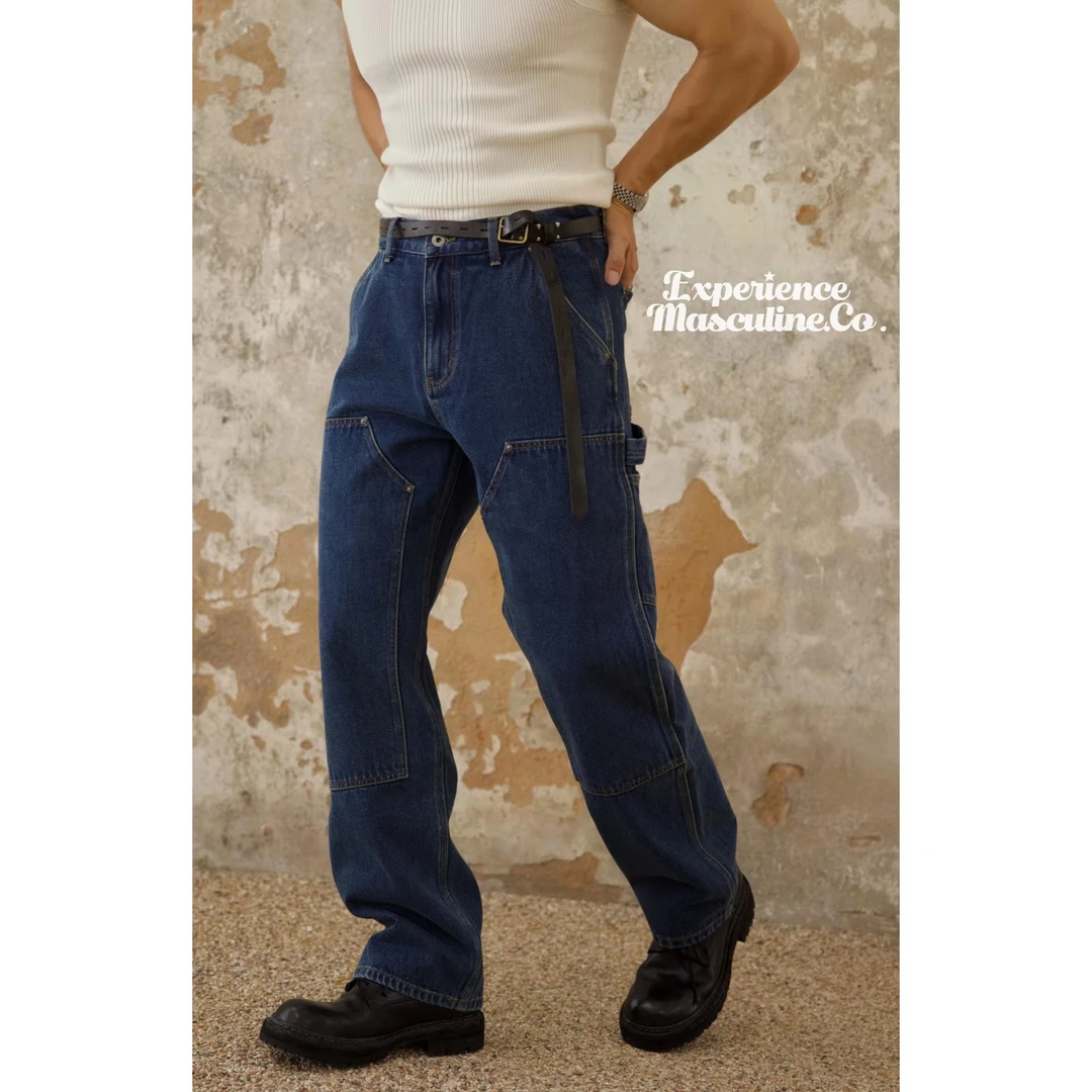 柴米蓝色伐木工洗水牛仔裤男宽松直筒复古男裤秋款直筒牛仔裤高端