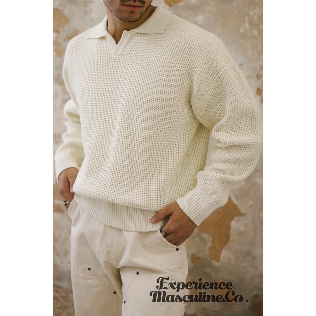 柴米长袖马球领Polo加厚毛衣男全棉宽松休闲针织衫美式复古咔叽冬